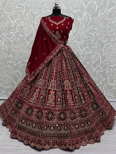 Pretty Red Jarkan Work Velvet Bridal Lehenga Choli With Double Dupatta - Ethnic Plus In